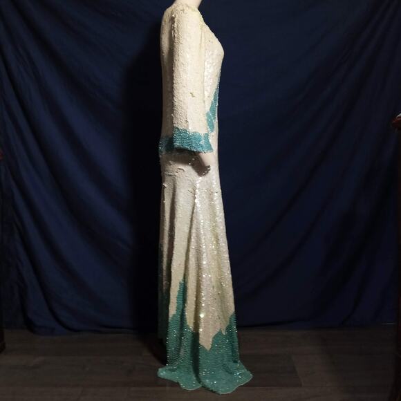 Vintage Art Deco Sequin Beaded Gown Cream Green M Ballroom Pageant Competition - Picture 2 of 15
